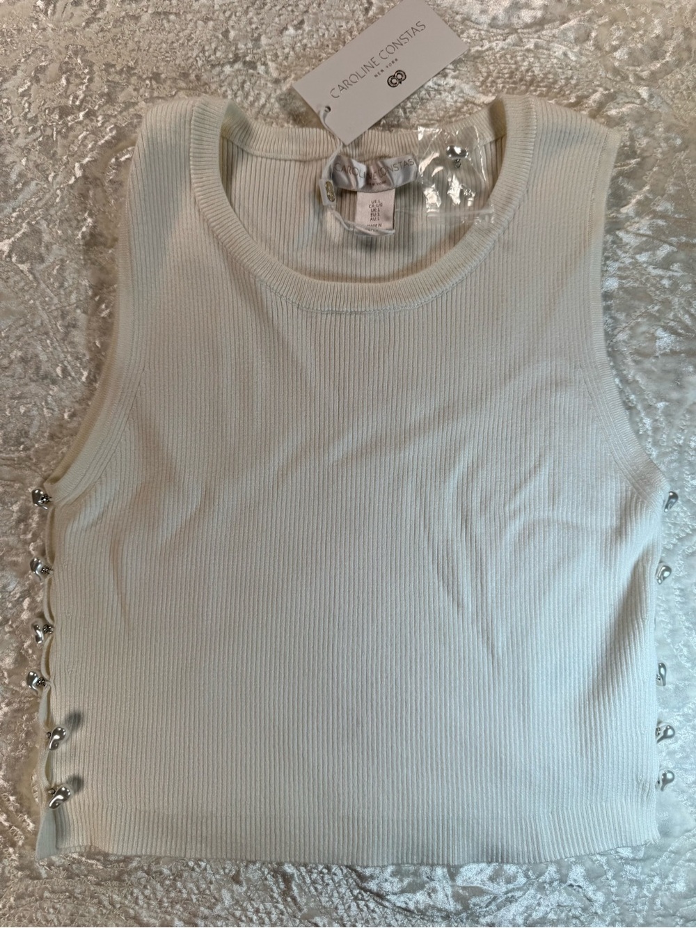 NWT Caroline Constas Ivory Ribbed Sleeveless Tank PEARL SIDE BUTTONS